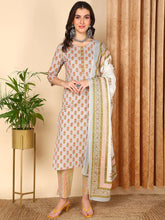 Women Grey Pure Cotton Ethnic Motifs Printed Kurta Trouser With Dupatta-VKSKD2006